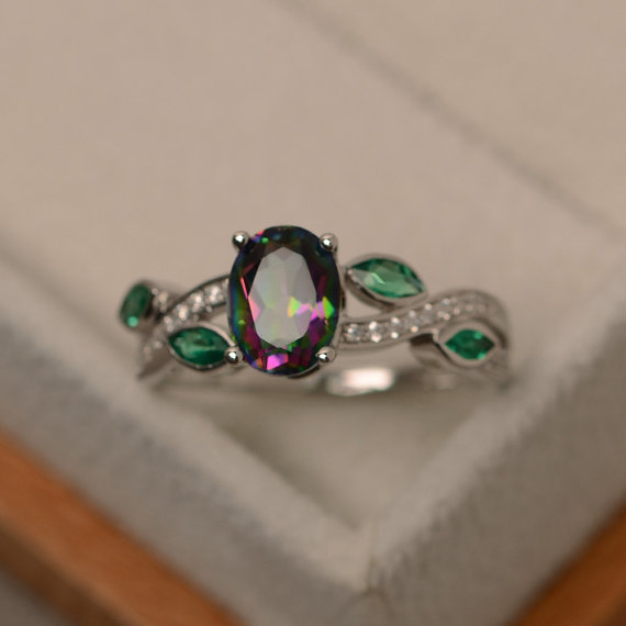 Oval Shape Mystic Topaz Wedding Ring, Sterling Silver, Multi Stone Rainbow Topaz Branch Engagement Ring