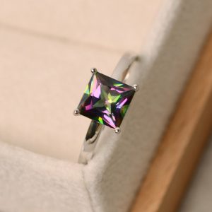 Mystic topaz ring, solitaire ring, princess cut, rainbow ring | Natural genuine Gemstone rings, simple unique handcrafted gemstone rings. #rings #jewelry #shopping #gift #handmade #fashion #style #affiliate #ad
