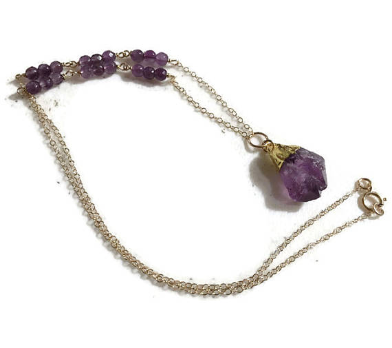 Amethyst Necklace - February Birthstone Jewelry - Purple Gemstone Jewellery - Gold Chain - Nugget Pendant