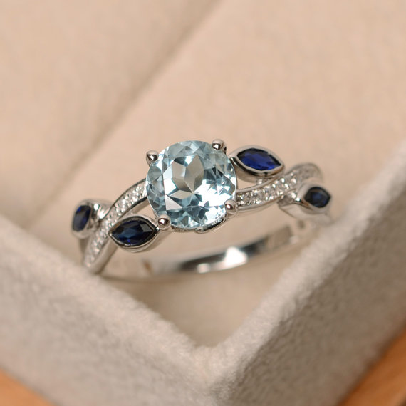 Aquamarine Ring, Leaf Ring, Sterling Silver, Aquamarine Engagement Ring, Natural Aquamarine