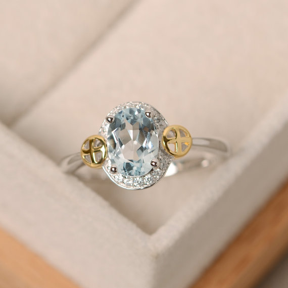 Aquamarine Ring, Oval Cut, Yellow Gold, March Birthstone, Sterling Silver, Engagement Ring