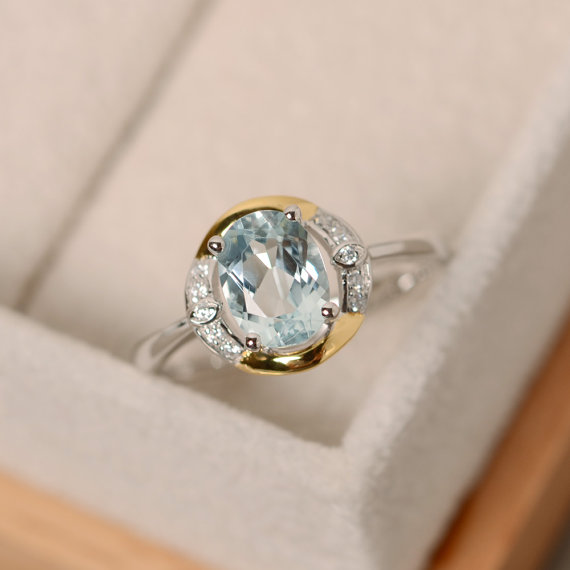 Aquamarine Ring, Yellow Gold, Oval Cut Promise Ring, Sterling Silver