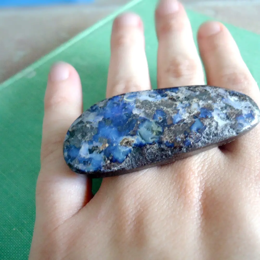 Double Finger Ring Blue Boulder Opal Jewelry Silver Blue Stone Denim Natural Gemstone Jewellery