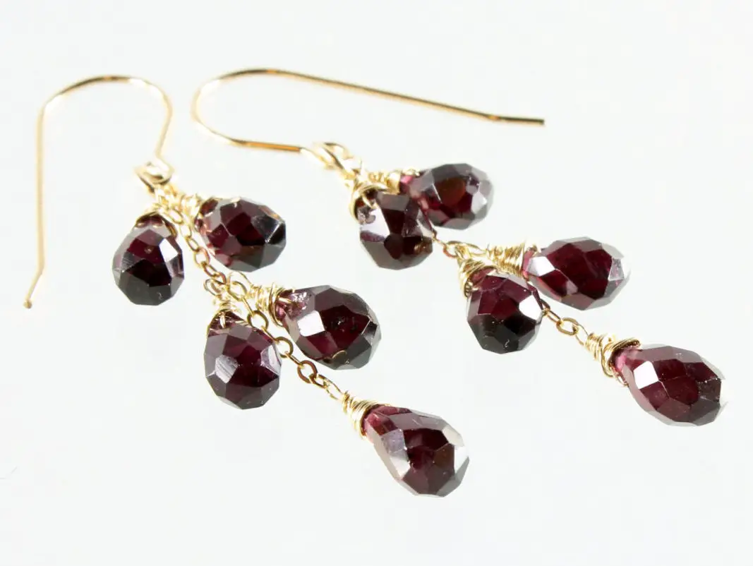 Garnet Gold Filled Earrings Natural Red Gemstone Wire Wrapped Long Bohemian Dangle Clusters January Birthstone Birthday Gift For Her 3238