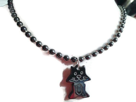 Hematite Necklace - Cat Pendant - Gray Gemstone Jewellery - Sterling Silver Jewelry - Beaded - Fashion