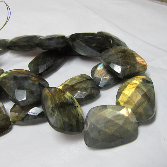 Labradorite Beads 20 X 16mm Blue Flash Gray Hand Cut Faceted Lopsided Rectangles (non Matching)  - 4 Pieces