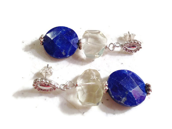 Lapis Lazuli Earrings - Navy Blue Jewelry - Sterling Silver Jewellery - Dangle - Mod - Fashion - Lemon Quartz Gemstone