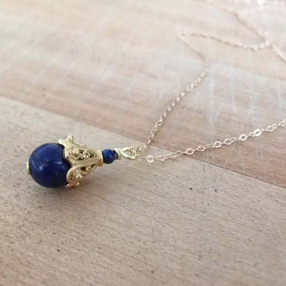 Lapis Necklace -  Navy Blue Jewelry - Lapis Lazuli Gemstone - Gold Chain Jewellery - Pendant
