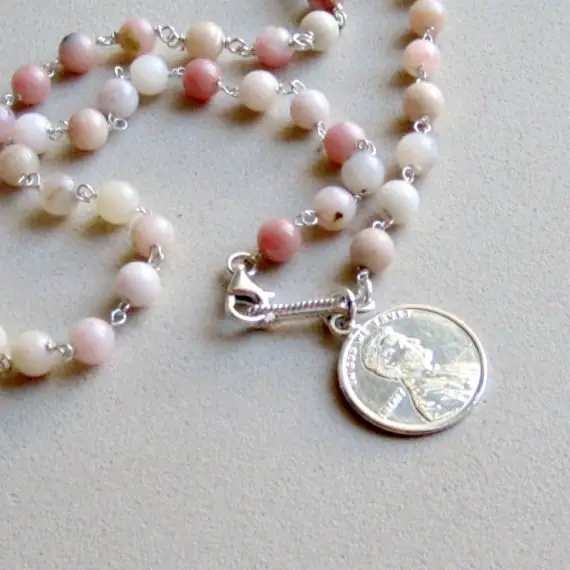 Opal Bracelet - Peruvian Gemstone - Pink Jewelry - Penny Charm - Sterling Silver Jewellery - Natural Gemstone - October Birthstone B-77