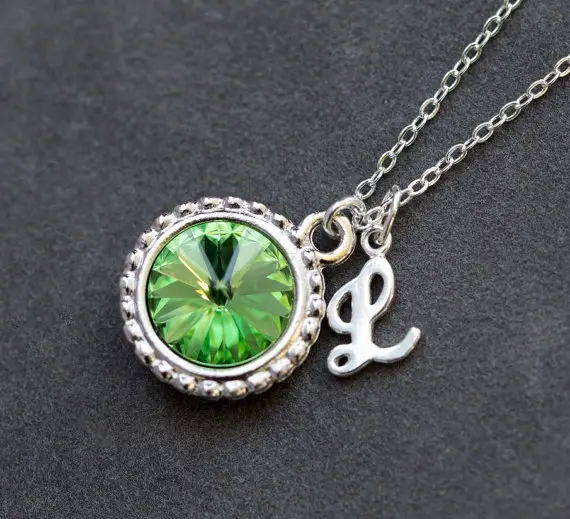August Birthstone Necklace, Personalized Initial Jewelry, Mother's Birthstone Necklace, Peridot Silver Letter Necklace, New Mom Necklace
