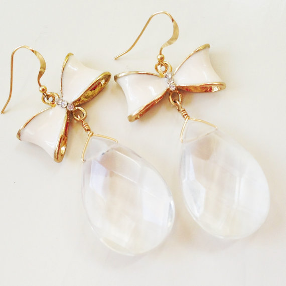Crystal Quartz Earrings - Bow Jewelry - White Jewellery - Wedding - Bride - Dangle - Fashion - Style - Teardrop