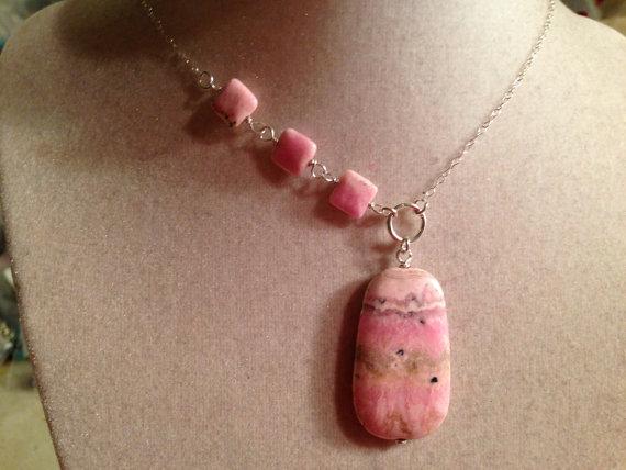 Pink Necklace - Rhodochrosite Gemstone Jewellery - Sterling Silver Jewelry - Fashion - Chain - Asymmetric