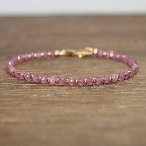 Shop Pink Sapphire Jewelry! Pink Sapphire Bracelet, Gold Filled, Sterling Silver or Rose Gold Beads, Pink Sapphire Jewelry, September Birthstone, Stacking, Beaded Gifts | Natural genuine Pink Sapphire jewelry. Buy crystal jewelry, handmade handcrafted artisan jewelry for women.  Unique handmade gift ideas. #jewelry #beadedjewelry #beadedjewelry #gift #shopping #handmadejewelry #fashion #style #product #jewelry #affiliate #ad