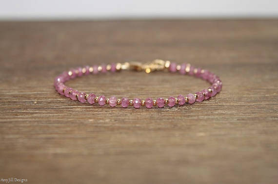 Pink Sapphire Bracelet, Gold Filled, Sterling Silver Or Rose Gold Beads, Pink Sapphire Jewelry, September Birthstone, Stacking, Beaded Gifts