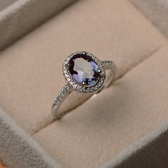 Lab Alexandrite Engagement Ring, Oval Cut Halo Ring, Sterling Silver ,june Birthstone ,color Changing Gemstone