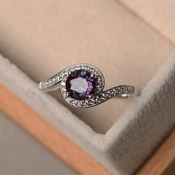 Lab Alexandrite Ring, Wedding Ring, Round Cut Gemstone, Sterling Silver Ring, Color Change Gemstone Ring, June Birthstone Ring