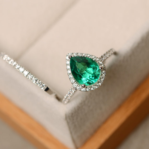 Emerald Ring, Engagement Ring, Pear Cut Ring, Emerald