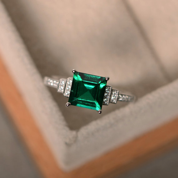 Lab Created Emerald Ring, Sterling Silver, Square Cut Engagement Ring, May Birthstone Ring, Promise Ring