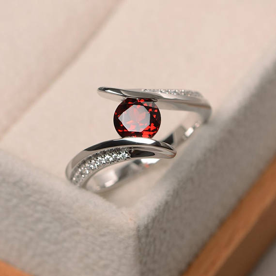 Garnet Wedding Ring, Natural Red Garnet Ring, January Birthstone Ring, Sterling Silver Ring, Red Gemstone Ring, Round Cut Gemstone