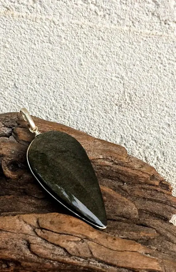 Golden Obsidian Pendant, Upside Down Teardrop Shape, Natural Gold Black Obsidian, Volcanic Lava Stone, Mexican Golden Obsidian Pendant, Zen