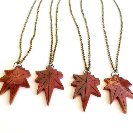 Leaf Necklace - Brass Jewelry - Jasper Gemstone - Long Jewellery - Pendant -thanksgiving