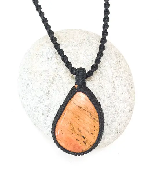 Jasper Macrame Necklace, Orange Jasper Necklace, Irregular Teardrop Shape, Asymmetric Jasper, Men's Necklace, Boho, Surf, Handmade, Rustic