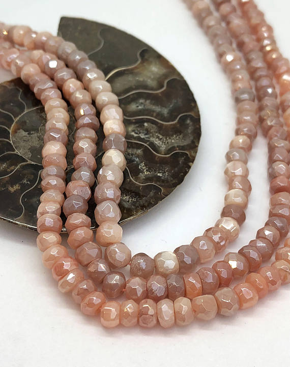 Handmade Rustic Chocolate Or Peach Moonstone Faceted Silvered Rondelle Round Beads Glowing Moonstone  Gemstone Beads Peach 5mm, Choc 4mm