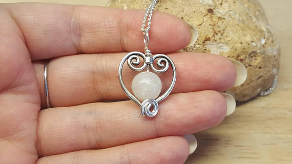 Moonstone Heart Pendant. Crystal Reiki Jewelry Uk. June's Birthstone. White 10mm Stone. Heart Frame Necklace. Empowered Crystals