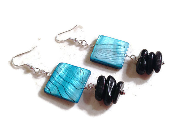 Black And Blue Earrings - Shell And Onyx Jewelry - Sterling Silver Jewellery - Beaded - Fashion - Chic - Gemstone