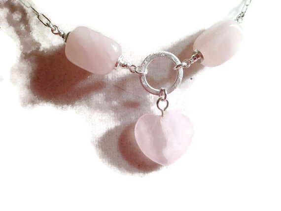 Pink Necklace - Rose Quartz Gemstone Jewellery - Sterling Silver Jewelry - Fashion - Chain - Heart Pendant - Chic - Valentine