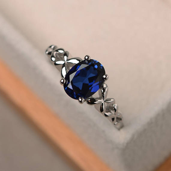 Blue Sapphire Ring, Retro Wedding Ring, Oval Cut Blue Gemstone, September Birthstone, Solid Sterling Silver