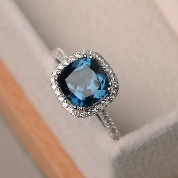 London Blue Topaz Wedding Ring, Cushion Cut Blue Gemstone Halo Ring, Sterling Silver, November Birthstone