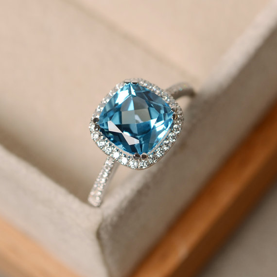 Swiss Blue Topaz Ring, Cushion Cut, Sterling Silver, Gemstone