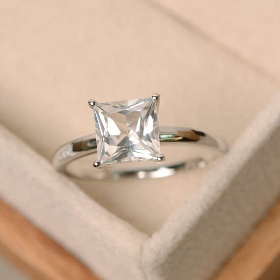 White Topaz Ring, Sterling Silver, Solitaire Ring, Princess Cut Ring, White Topaz