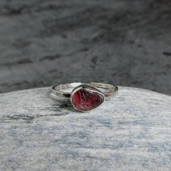 Raw Tourmaline Ring, Sterling Silver, Rough Pink Tourmaline, Natural Gemstone Ring, October Birstone, Rustic Jewelry