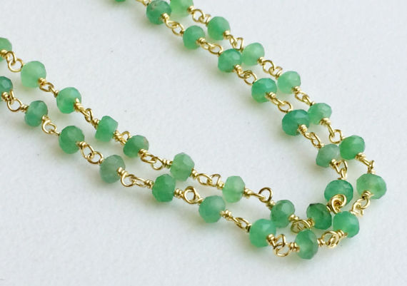 3.5mm Chrysoprase Faceted Rondelle Beads Connector Chains In 925 Silver Gold Plate Wire Wrapped Rosary Chain By Foot (1foot - 5feet Options)