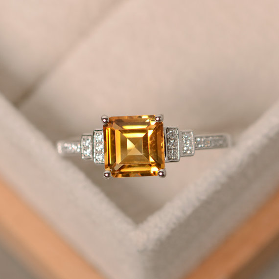 Citrine Ring, Square Cut, Crystal Ring, Sterling Silver, November Birthstone Ring, Engagement Ring