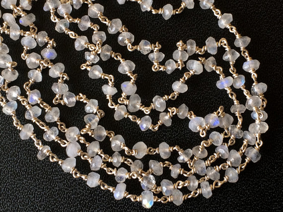 3mm Rainbow Moonstone Faceted Beads Rosary, 925 Silver Wire Wrapped Rosary Style Chain, Moonstone Beaded Chain (1 Foot To 5 Feet Options)