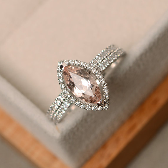 Morganite Engagement Ring, Marquise Ring, Silver