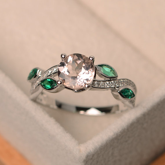 Morganite Ring, Round Cut Morganite, Leaf Ring, Engagement Rings, Pink Gemstone Ring Silver