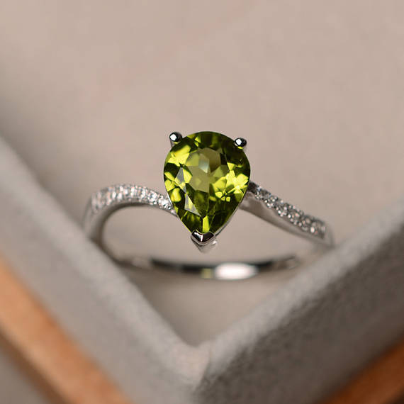 Natural Peridot Ring, Pear Cut Engagement Ring, Sterling Silver Ring, Green Gemstone Ring