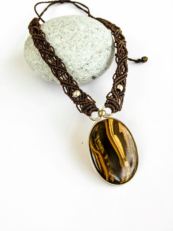 Tiger's Eye Macrame And Silver Necklace, Oval Shape, Natural Tiger Eye Gemstone, Macrame Necklace, Sterling Silver, Gift, Boho, Rustic, Zen