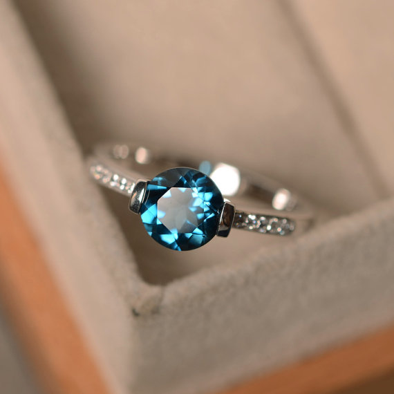 London Blue Topaz Ring, Blue Gemstone Ring, Round Cut Ring, Engagement Ring