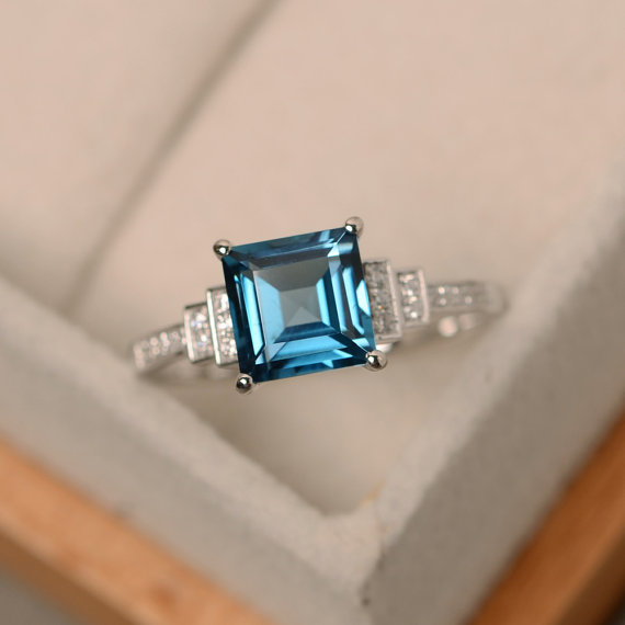 London Blue Topaz Ring, Square Cut Ring, Sterling Silver, Engagement Ring