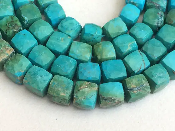 6-8mm Turquoise Faceted Cube Beads, Chinese Turquoise Box Beads, Turquoise For Necklace, Blue Gems (4in To 8in Options) - Gsa10