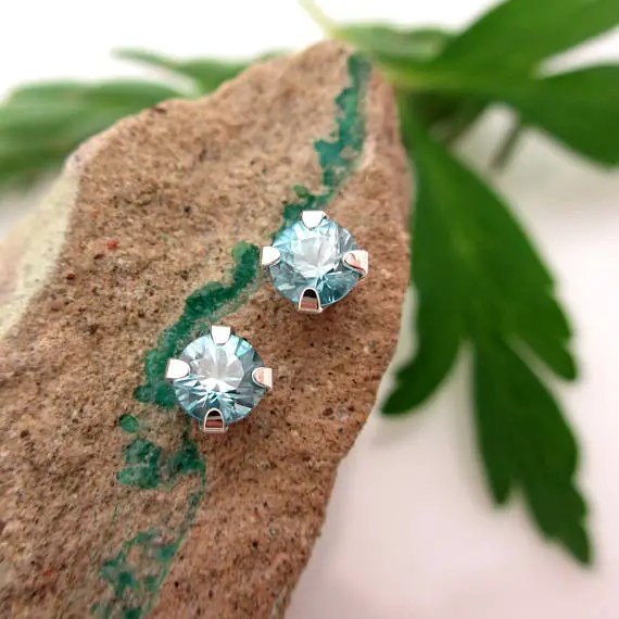 Blue Zircon Studs | Genuine Blue Zircon Stud Earrings In Real 14k Gold, Sterling Silver, Or Platinum | 4mm