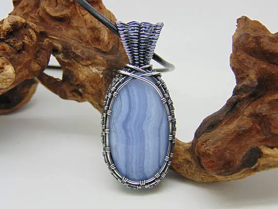 Blue Lace Agate Pendant, Wire Wrapped Jewellery, Blue Stone Necklace