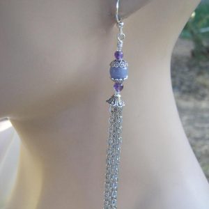 Angelite Tassel Earrings, Extra LONG Gemstone Earrings, 4" Amethyst Tassel Earrings, Boho Vegan Dangle Earrings, Antiqued Silver, TE12 | Natural genuine Gemstone earrings. Buy crystal jewelry, handmade handcrafted artisan jewelry for women.  Unique handmade gift ideas. #jewelry #beadedearrings #beadedjewelry #gift #shopping #handmadejewelry #fashion #style #product #earrings #affiliate #ad