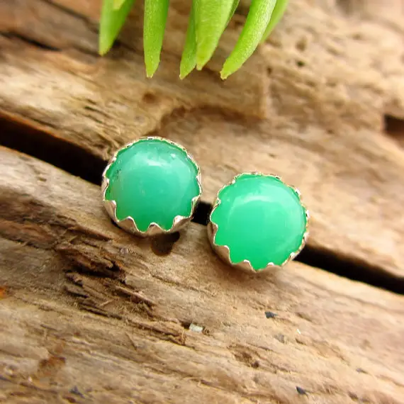 Chrysoprase Stud Earrings | 14k Gold Or Sterling Silver Cabochons | Low Profile Serrated Setting | C Grade