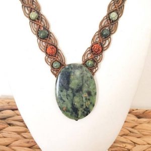 Shop Jade Necklaces! South African Jade necklace, Jade macrame necklace, Large stone necklace, Big oval green stone, Dark green, Buddstone jade, Rudraksha seed | Natural genuine Jade necklaces. Buy crystal jewelry, handmade handcrafted artisan jewelry for women.  Unique handmade gift ideas. #jewelry #beadednecklaces #beadedjewelry #gift #shopping #handmadejewelry #fashion #style #product #necklaces #affiliate #ad